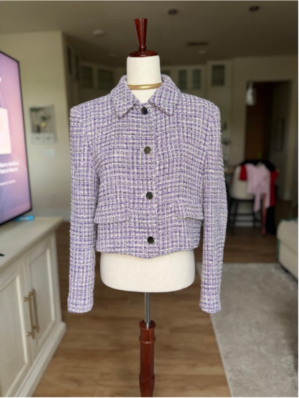 ZARA Purple & White Tweed Jacket Size L
